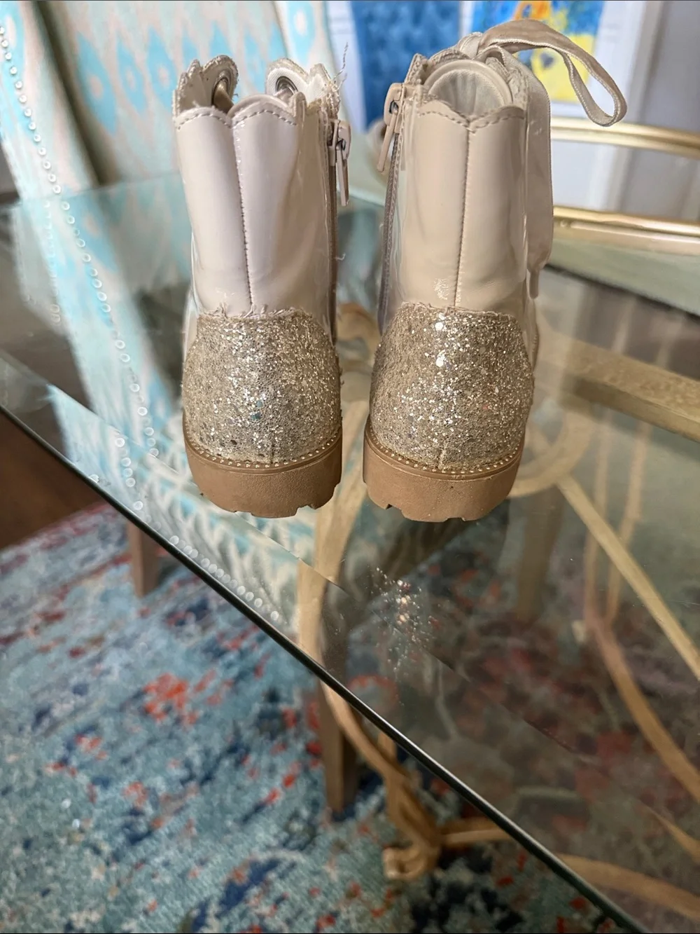 Kids Cream Patent Combat Boots with Glitter Heel